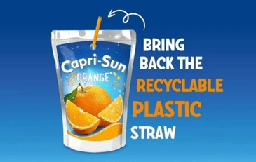 Photo of a Capri Sun drink, with 'Bring Back the Recyclable Plastic Straw', next to it