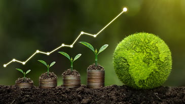 A bundle of coins with green leafy shoots coming out from the top indicating that sustainability is a green investment.